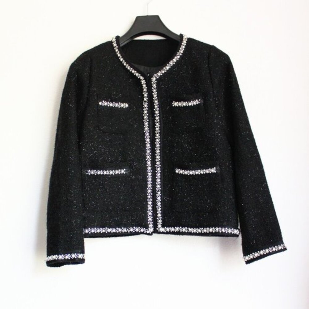 New Beaded Collarless Tweed Jacket, Black, Size S